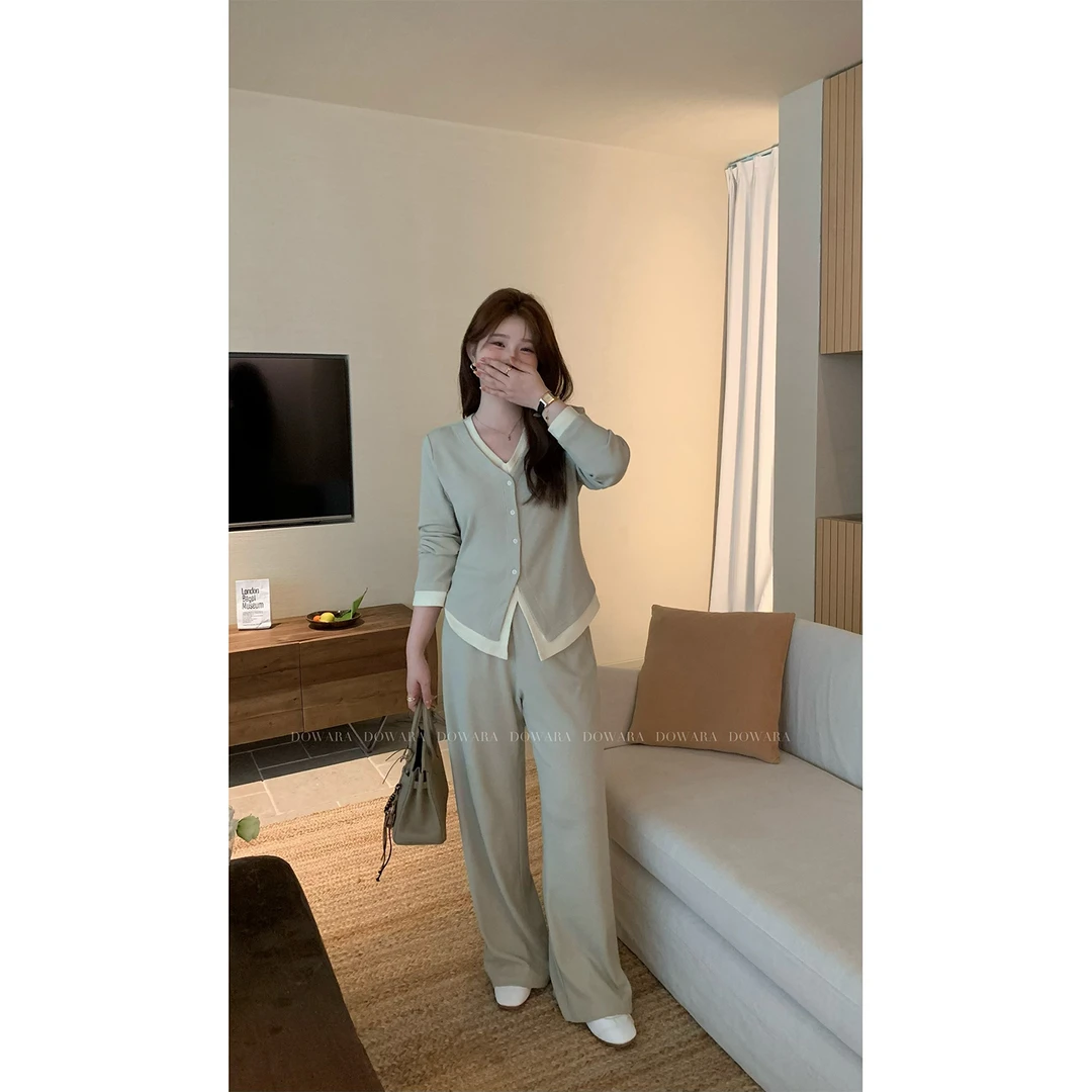 现货大婉酱微胖定制春季时尚套装假两件上衣垂感休闲裤 7548D