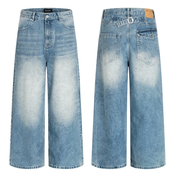 美式复古做旧直筒牛仔宽松显瘦水洗设计感阔腿裤