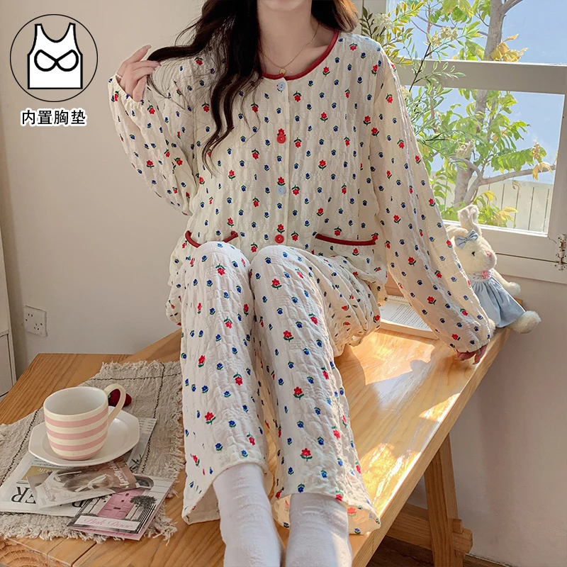 【轻薄皱皱棉纱-带胸垫】月子服春夏季薄款产后哺乳期纯棉孕妇睡衣