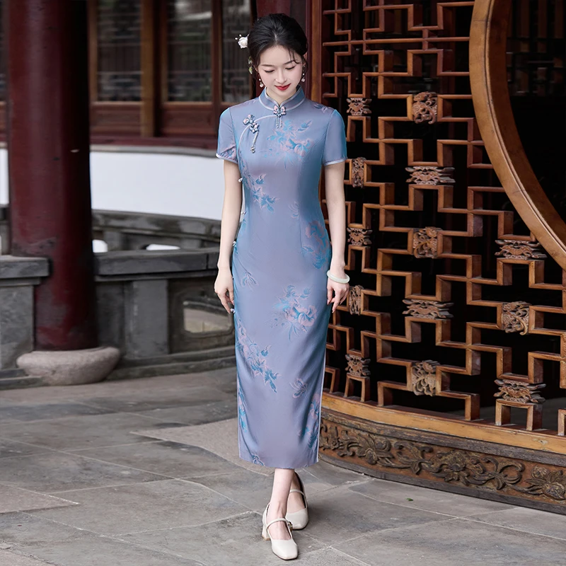 旗袍年轻款女长款改良2025年夏季新款日常真丝高端桑蚕丝蓝色复古