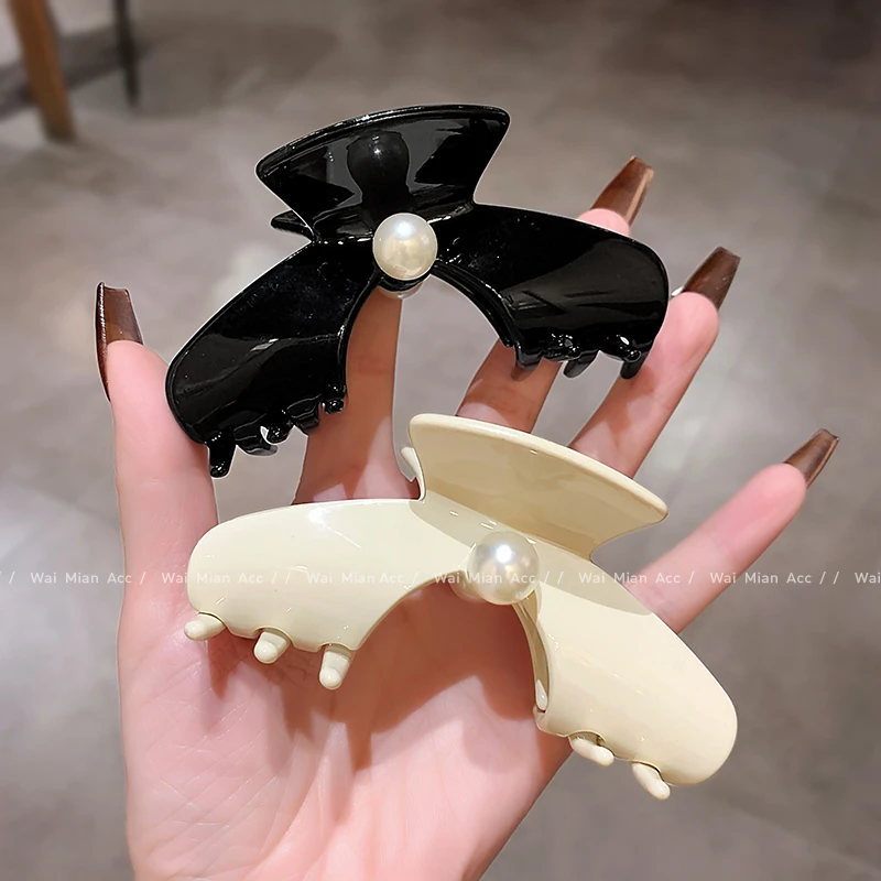 醋酸抓夹简约纯色发夹女气质珍珠发量少全盘发夹新款鲨鱼夹头饰