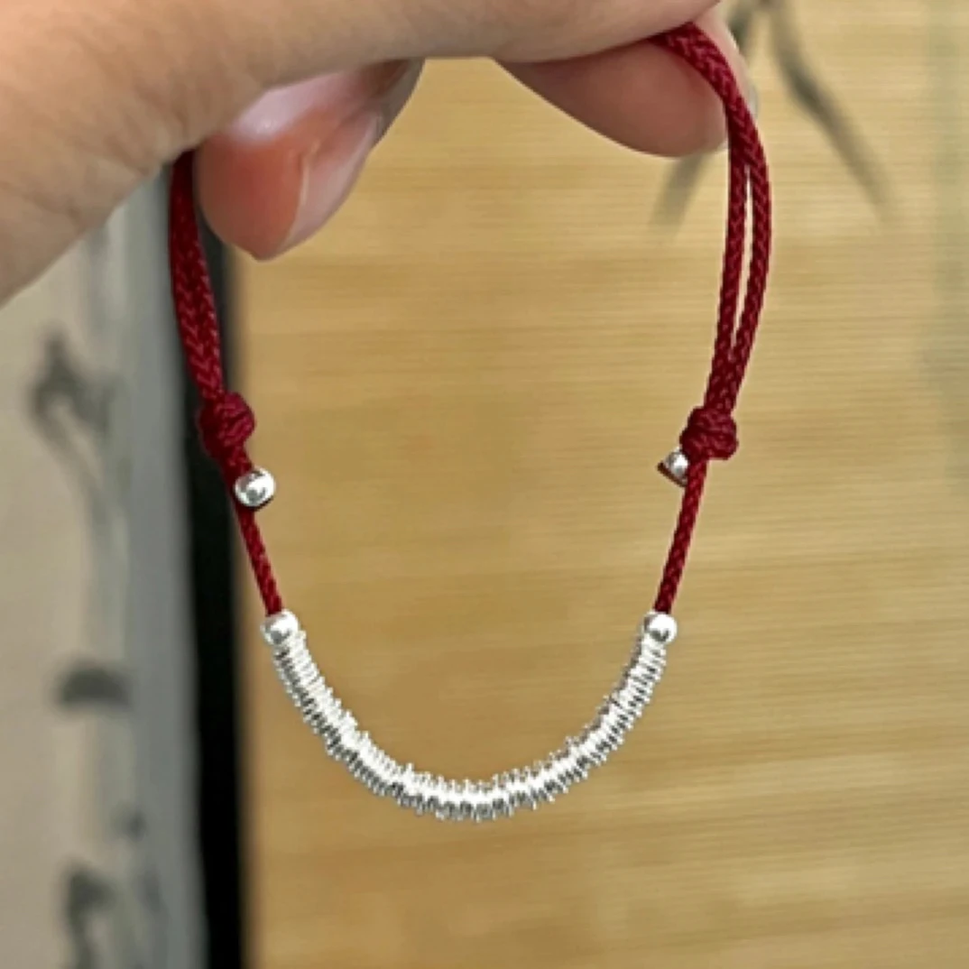足银手链 手工原创-祝您一帆风顺小银圈红绳手链抽拉可调节