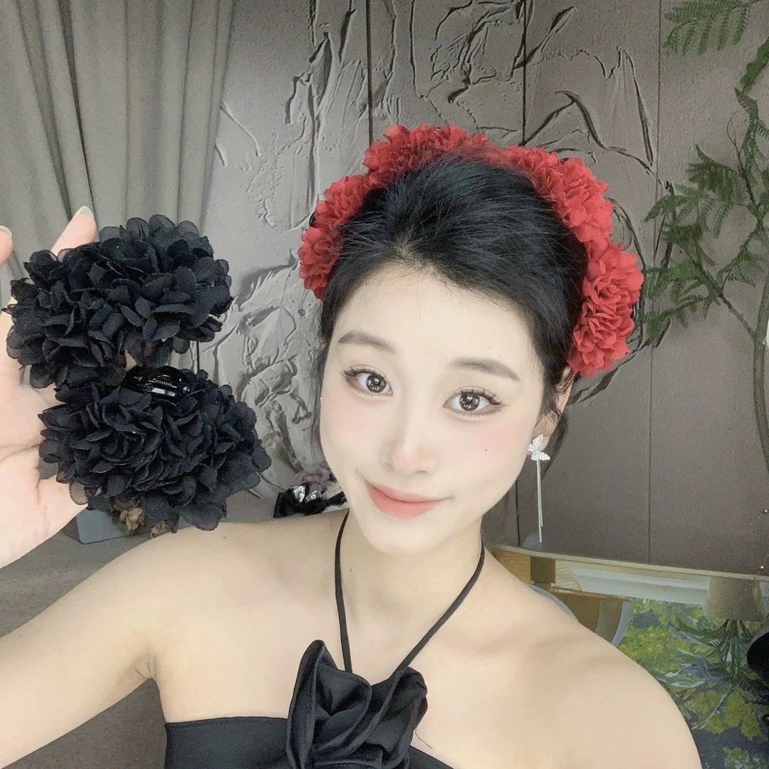 玫瑰花抓夹盘发头花刘侧边夹7cm法式慵懒感半扎发夹