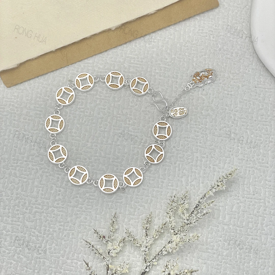 足银手链 足银9999描金铜钱貔貅纳福古朴中式古风大气招财复古链