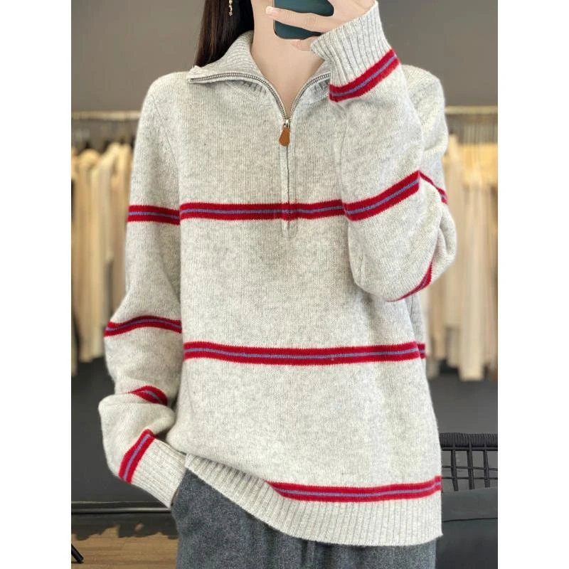 100%羊毛七针加厚修身版女士半拉链横纹D454