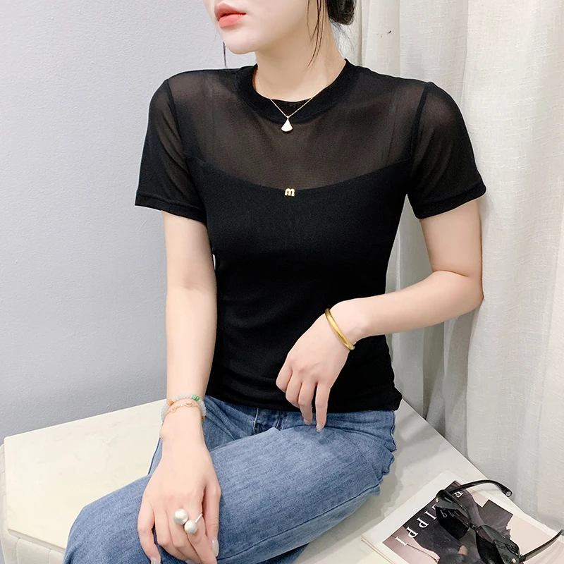 2025年夏季新款百搭短袖纯色圆领网纱t恤女装时尚修身显瘦打底衫