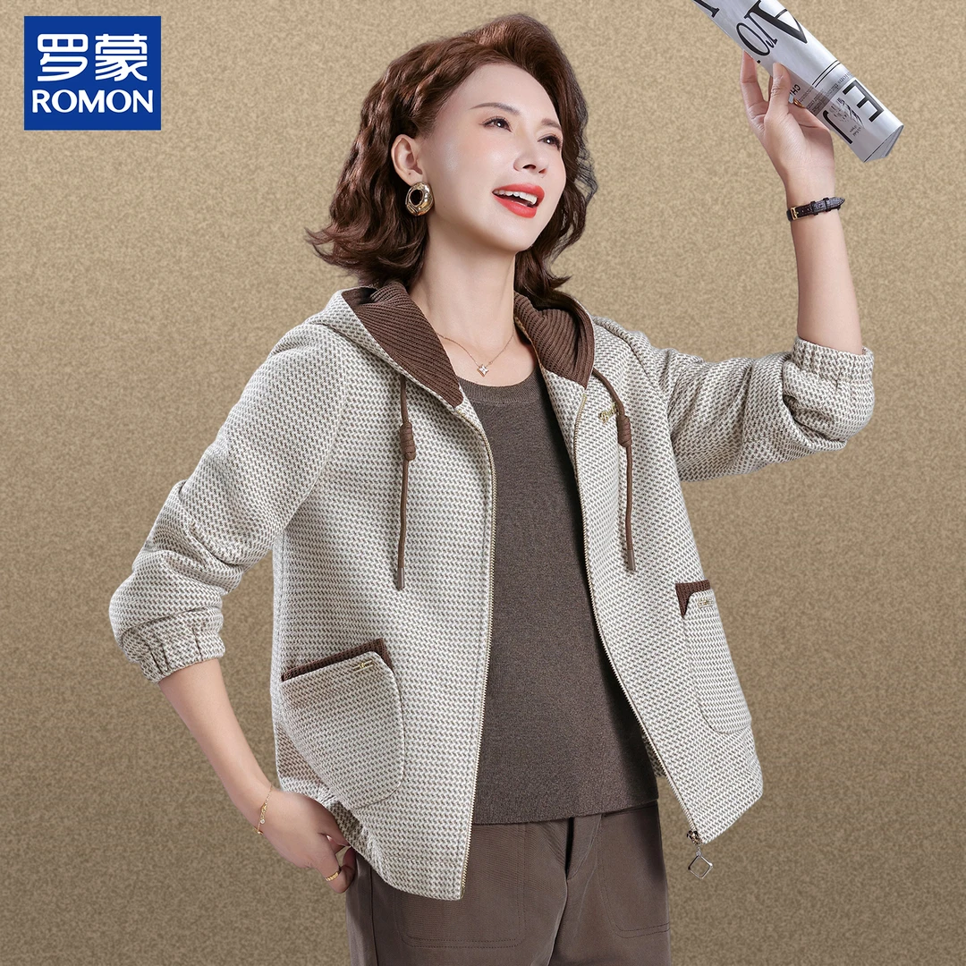 罗蒙时尚妈妈秋装格纹外套中年女士拼色连帽夹克秋季新款百搭上衣
