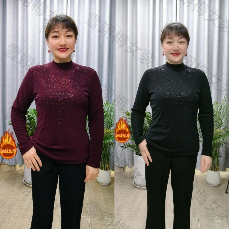 冬季加绒保暖亮钻打底衫洋气妈妈T恤2596