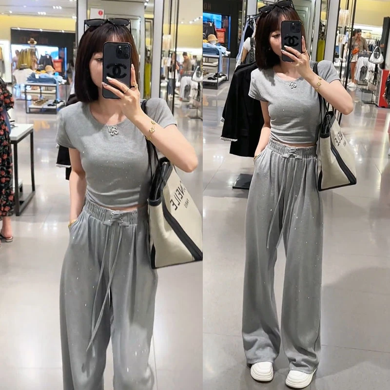 时尚套装2025夏季新款带钻后背系带短款上衣高腰休闲阔腿裤两件套
