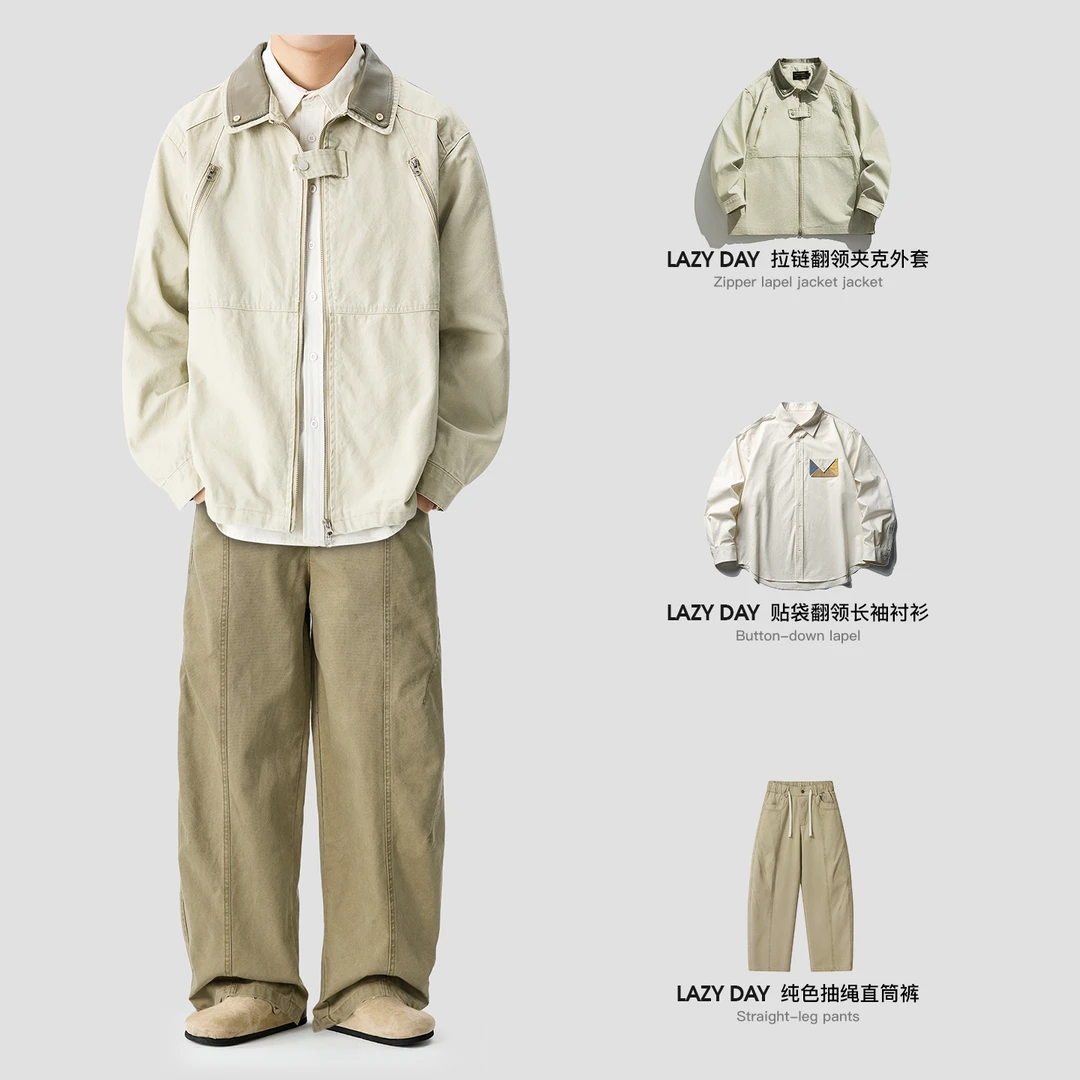 LAZY DAY原创男装美式复古水拼PU皮翻领夹克男秋季宽松工装外套