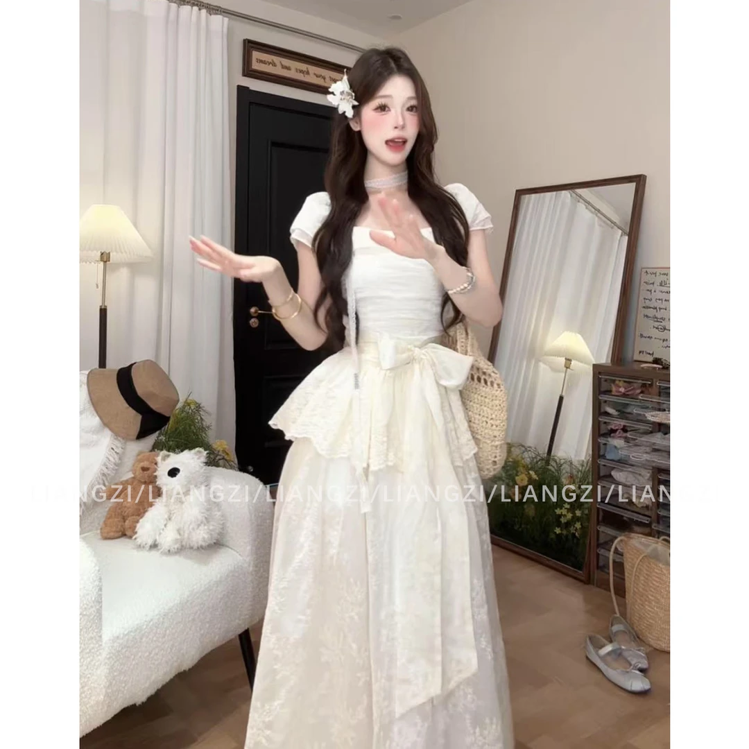 梁子【白茉童话】夏季法式甜美风蝴蝶结长裙收腰气质连衣裙