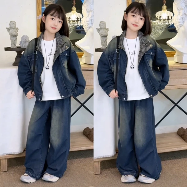 女童春秋装套装2025新款韩版洋气中大儿童外套时髦牛仔裤子两件套
