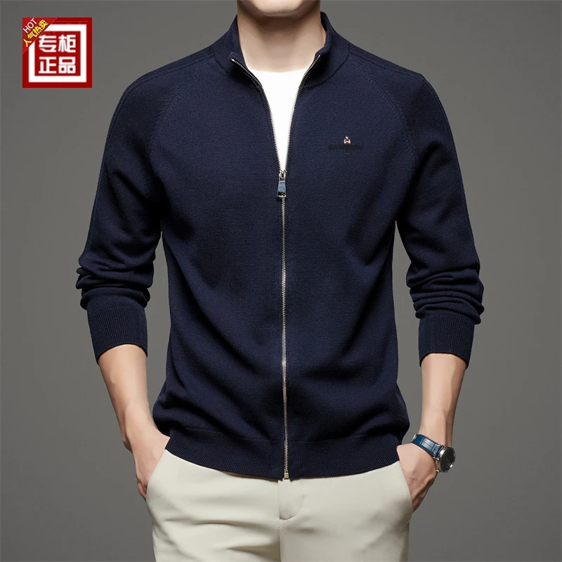 【奥特莱斯撤柜】男士高档刺绣羊毛衫春秋新款高档开衫针织立领外套