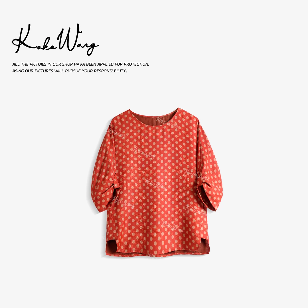 KOKOWANG夏季气质减龄24姆米桑蚕丝波点圆领短袖上衣 N2445F27T43