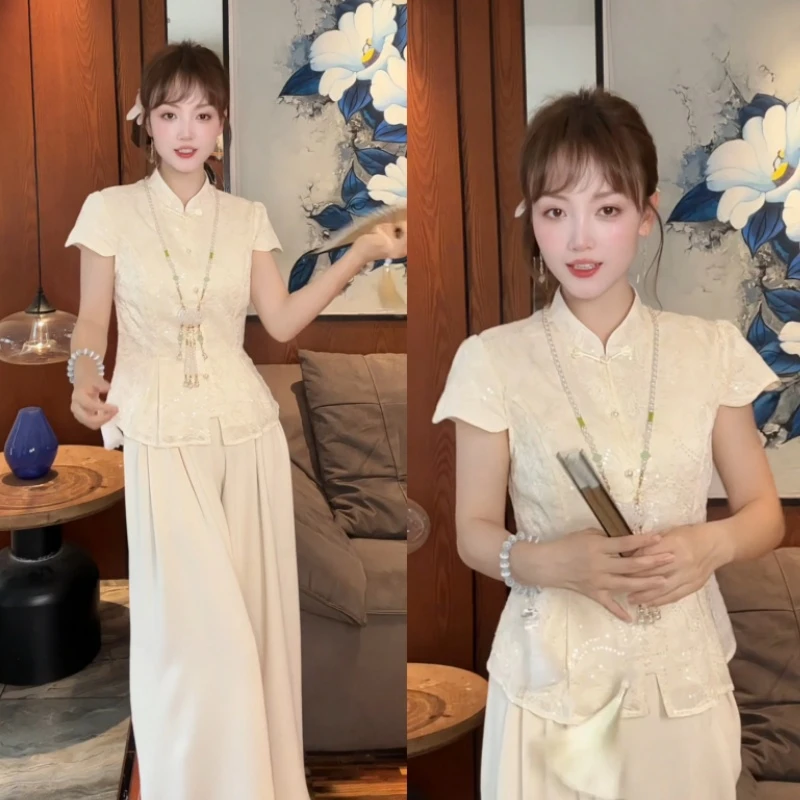 夏季搭配一整套干练气质轻奢高级感超火新中式国风盘扣套装裤827