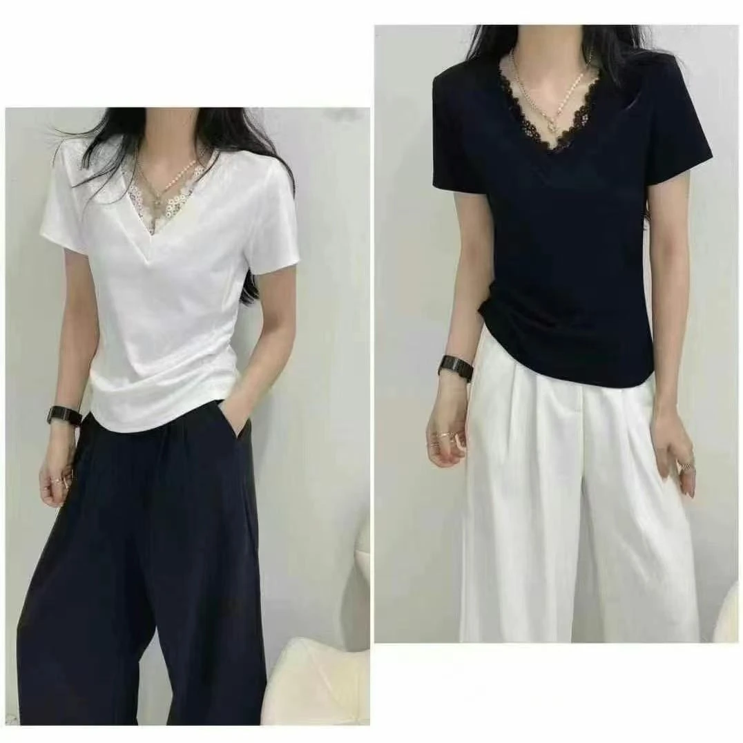 【锦衣服饰】X 7038 V领蕾丝时尚短袖T恤