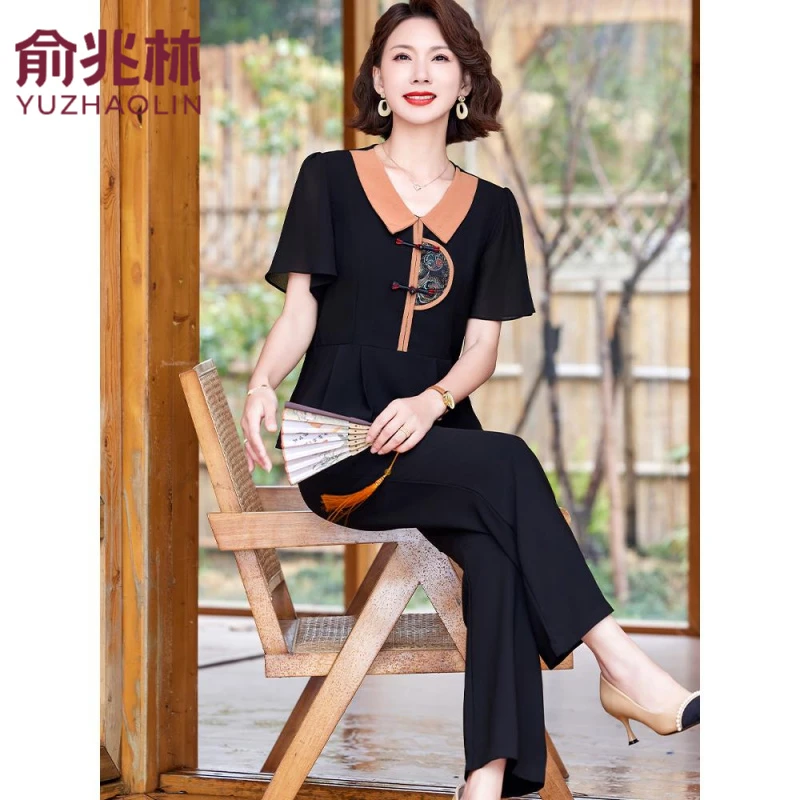 俞兆林洋气妈妈夏季新款雪纺衫两件套中老年女装国风新中式短袖T