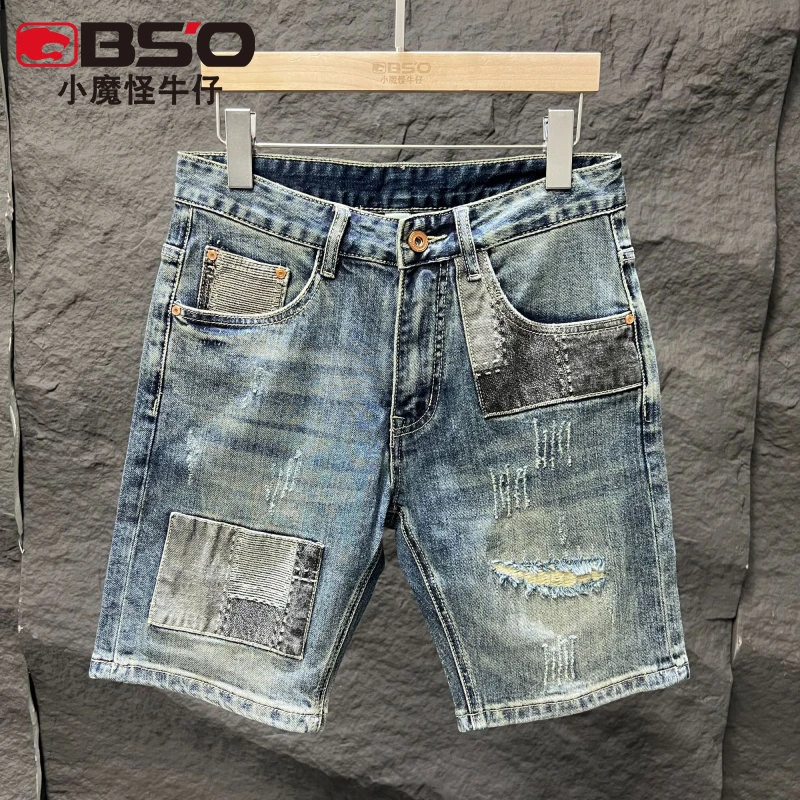 小魔怪2025夏季薄款破洞牛仔短裤男五分裤潮牌休闲百搭复古中裤子