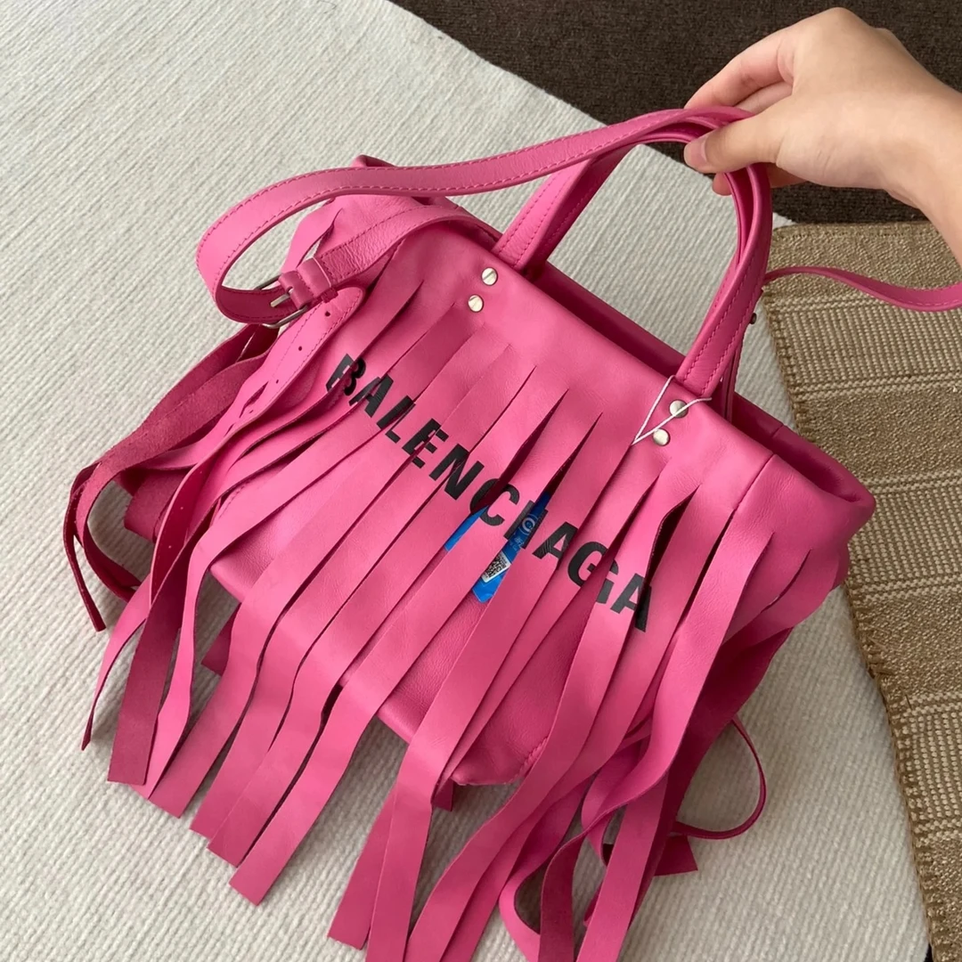 99新 Balenciaga/巴黎世家 火龙果色小托特包手提斜挎包粉色流苏