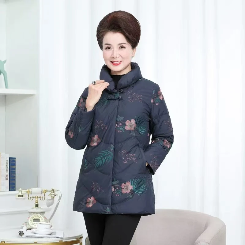 【蓝色刺绣】羽绒服女奶奶冬装加厚棉服中长款老人外套妈妈冬季衣服