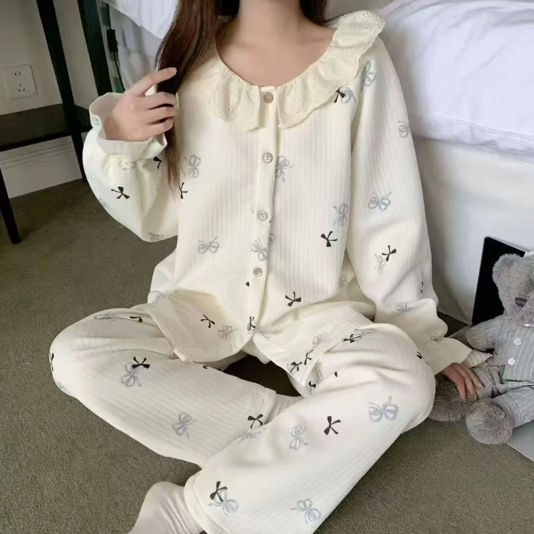秋冬季空气棉夹层2025新款加厚长袖少女士花边家居服#302
