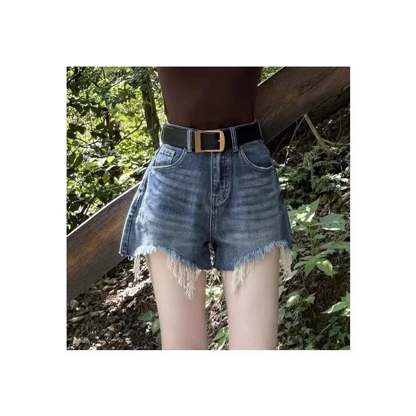 韩国东大门复古毛边流苏牛仔短裤女夏季薄款高腰百搭休闲阔腿热裤