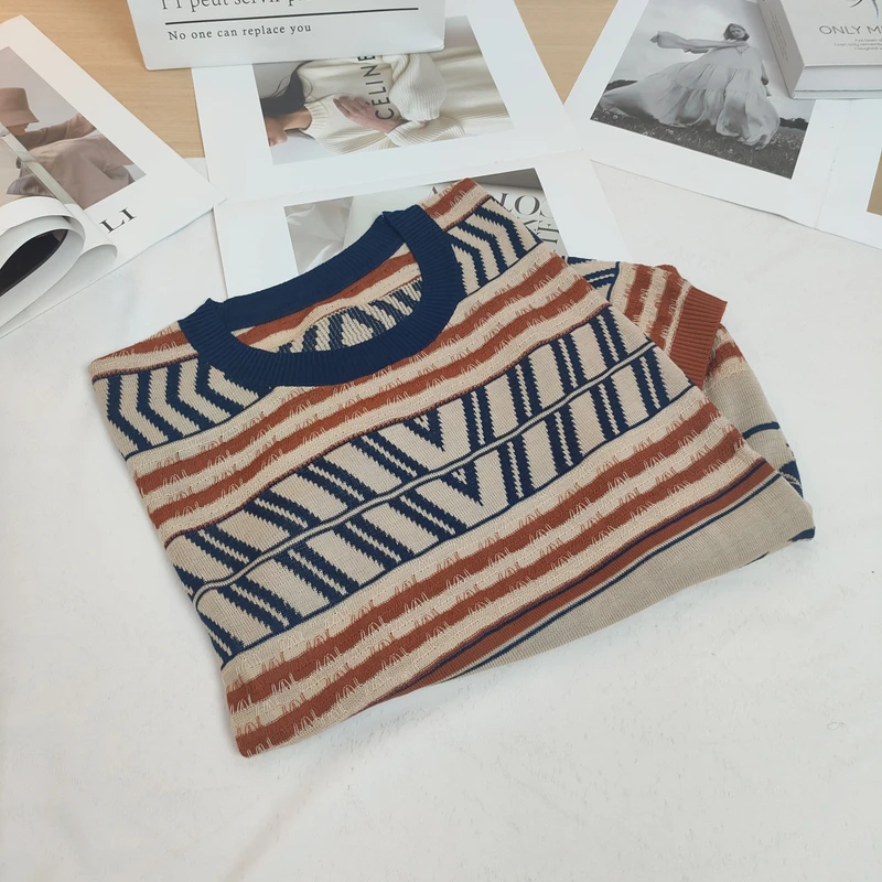 【思思精选】韩系新款复古撞色时尚气质圆领高级减龄针织衫A476#