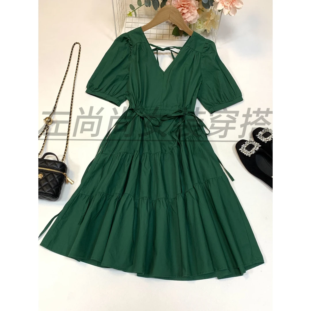 【9091-绿树成荫】2025夏季新款连衣裙泡泡袖系带显瘦气质长裙短款