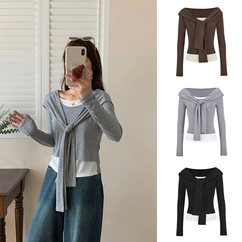 Moses Queen/魔西女王设计感拼色假两件披肩修身显瘦长袖T恤上衣