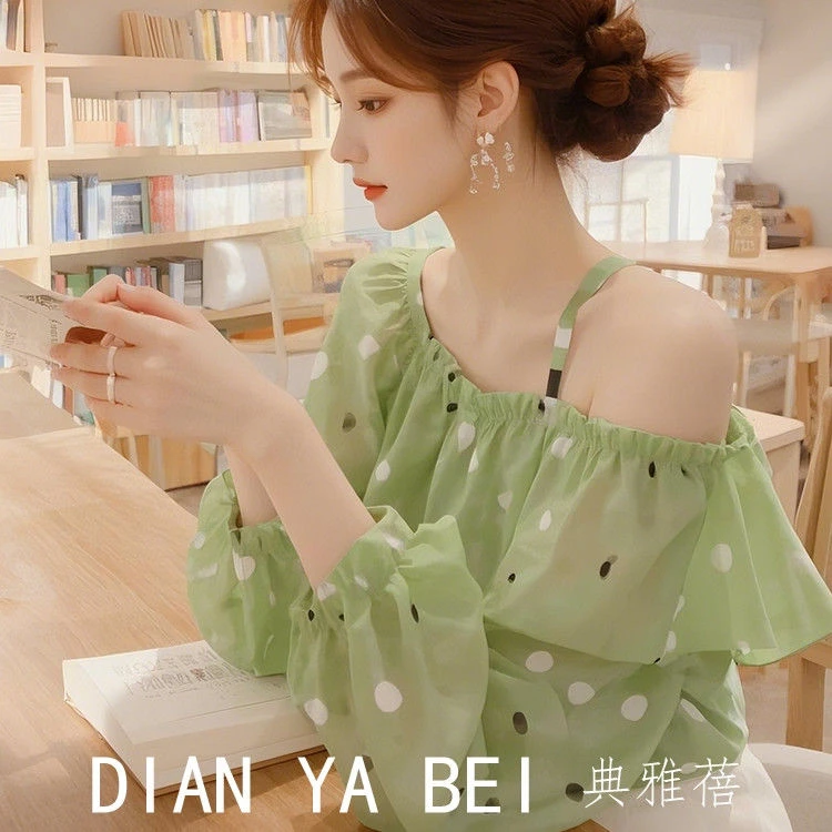 网红爆款绿色波点衬衫春装女款轻奢高级感多巴胺绝美露肩小衫上衣