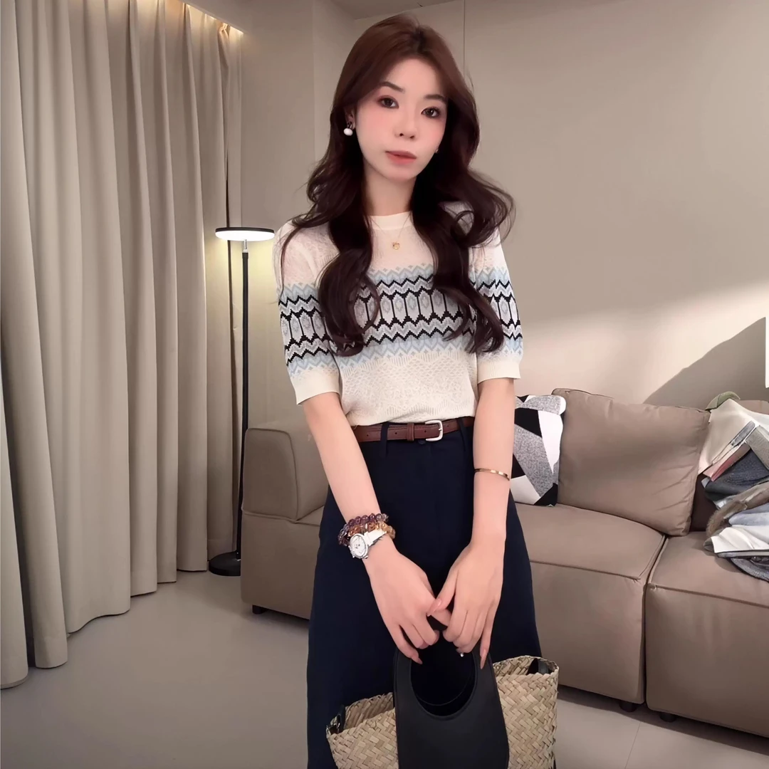 洋气衣服女2025夏季薄款镂空提花针织短袖上衣百搭半身裙气质套装