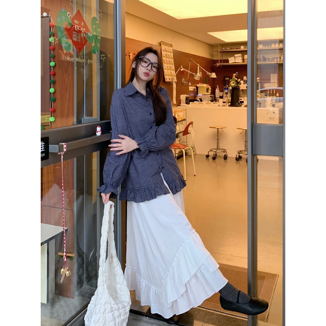 长款宽松百搭花边衬衫春夏女复古翻领衬衣全棉氛围感上衣