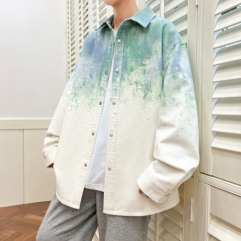 渐变色牛仔外套男孩2025青少年春季新款夹克帅气学生长袖衬衫上衣