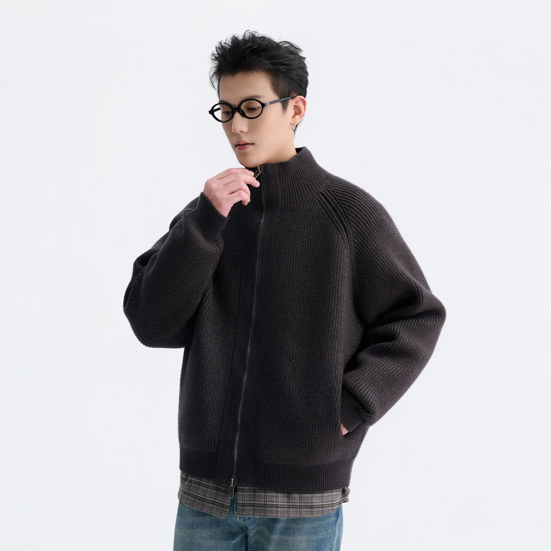 德赛秋冬纯色针织衫立领短款简约秋季针织毛衣开衫DW25962