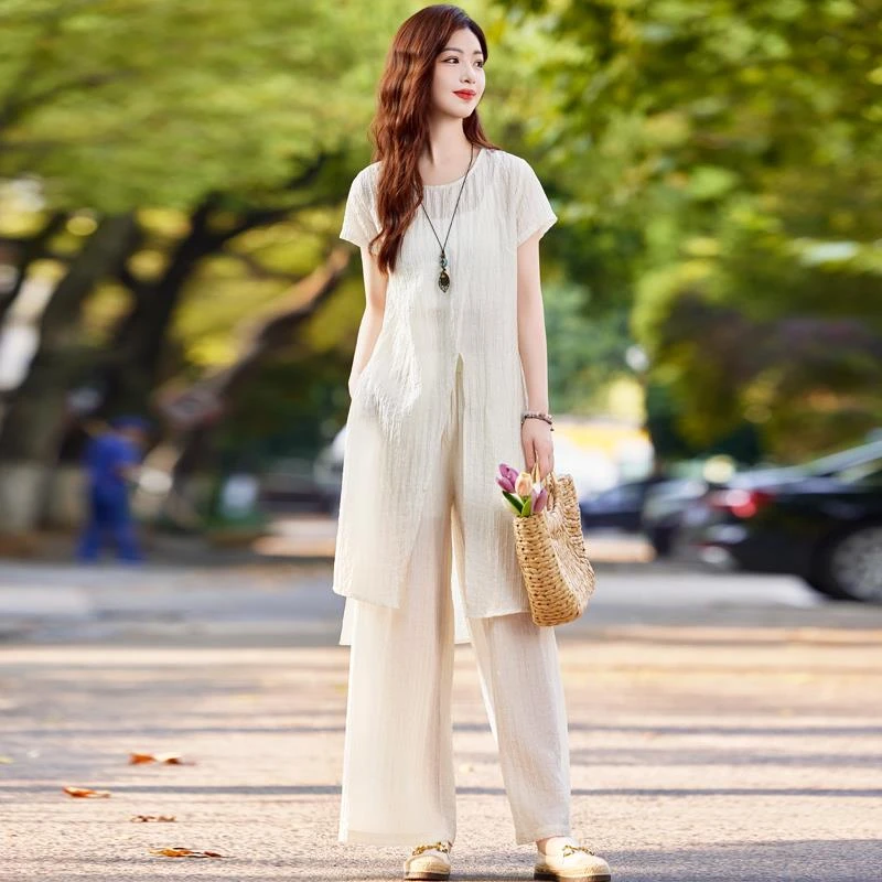 松弛感阔腿裤套装女2025夏装新款高端气质细褶开叉长衫上衣两件套