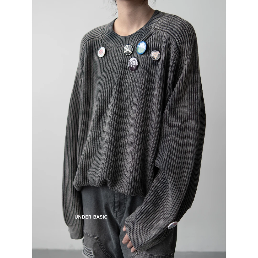 下层基础24秋冬超重水洗套色做旧全棉短宽圆领套头针织衫长袖