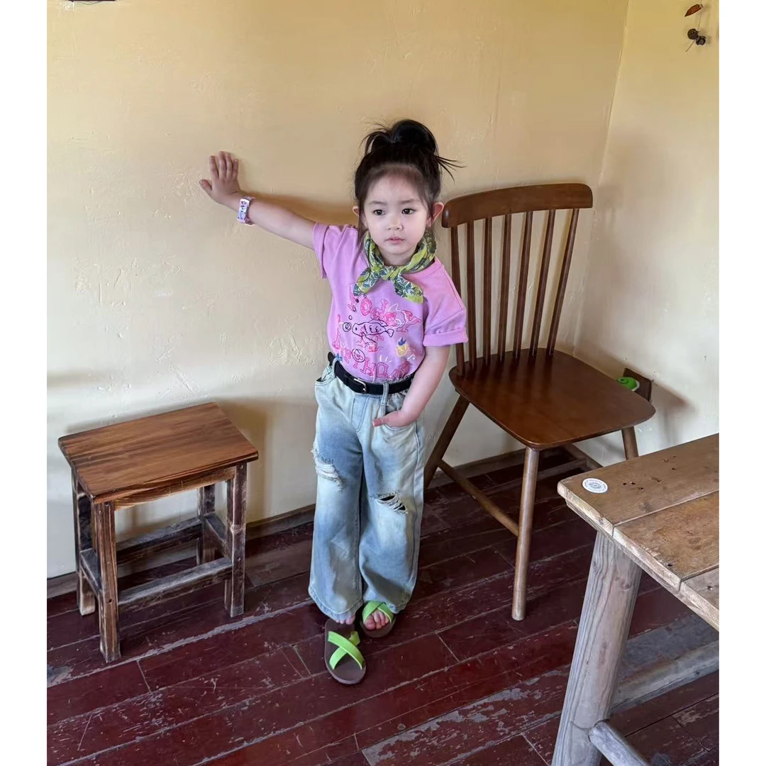 壹妈童装女童时髦套装25夏季新款洋气儿童粉色涂鸦短袖破洞牛仔裤