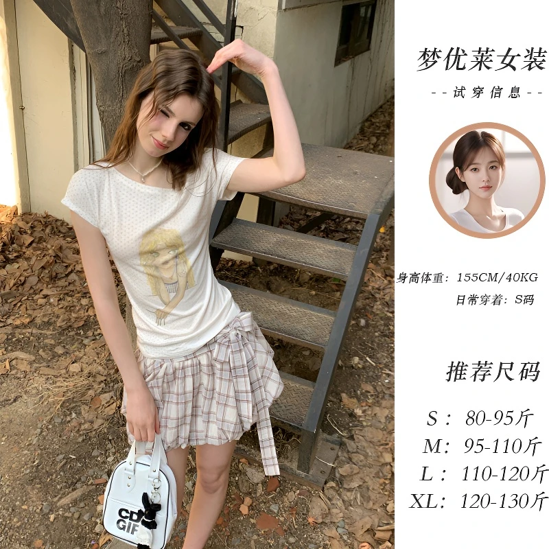 梦优莱甜辣妹波点印花性感斜领露肩短袖T恤女夏新款修身显瘦上衣