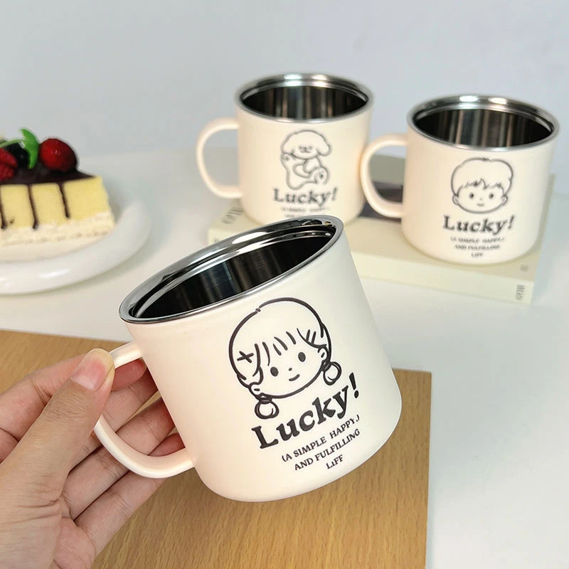 卡通幸运男孩女孩家用咖啡杯食品级儿童加厚防烫幸运牛奶杯不锈钢
