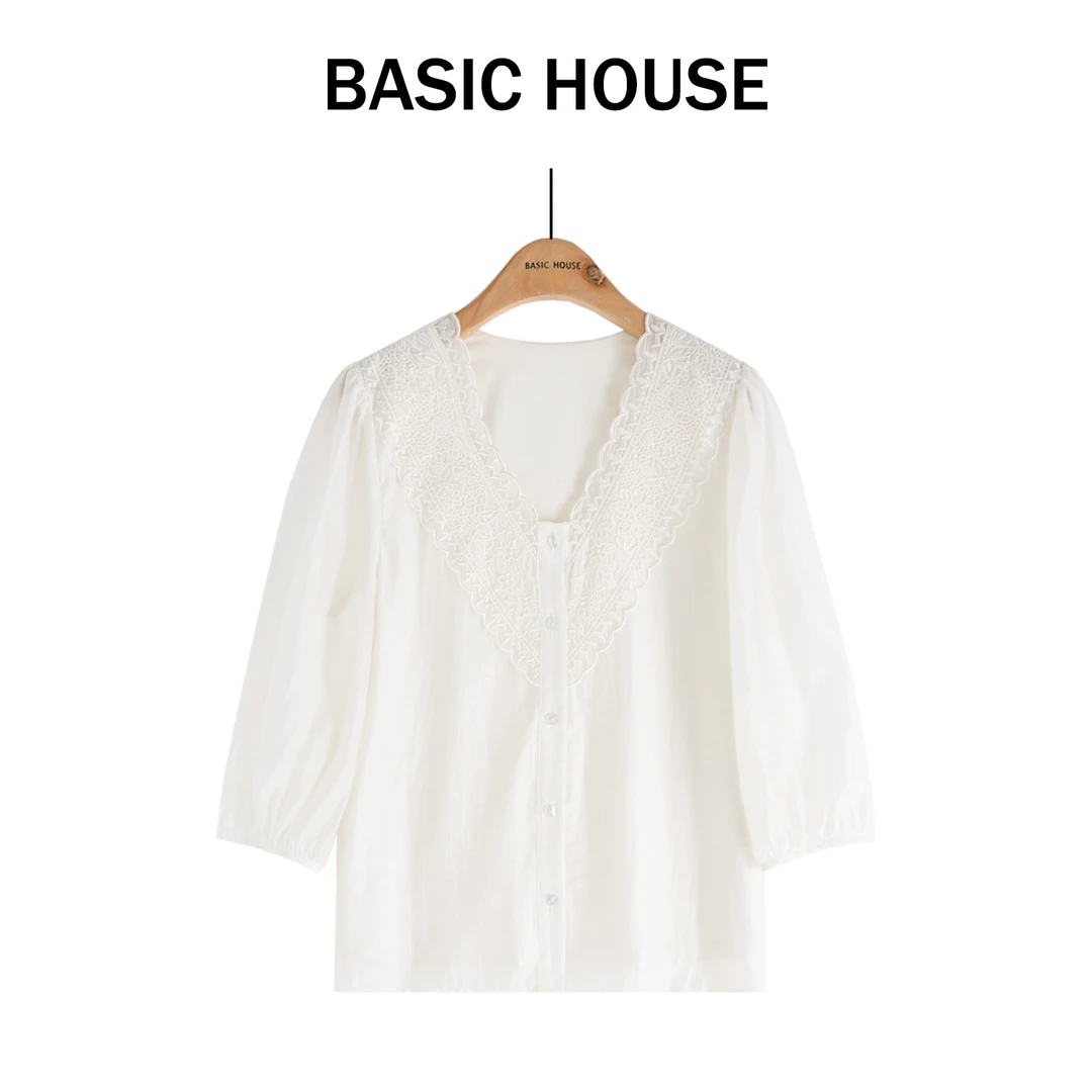Basic House/百家好蕾丝气质白色衬衫时尚夏季法式B1335B5E2C2-1