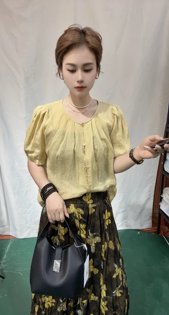 夏季时尚百搭气质苎麻面料短袖衬衫