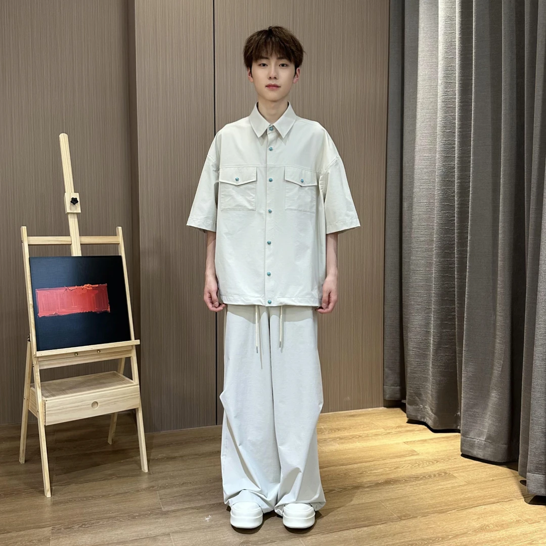 MANRE SHOW翻领衬衫男士夏季薄款痞帅短袖衬衣潮流时尚百搭上衣服