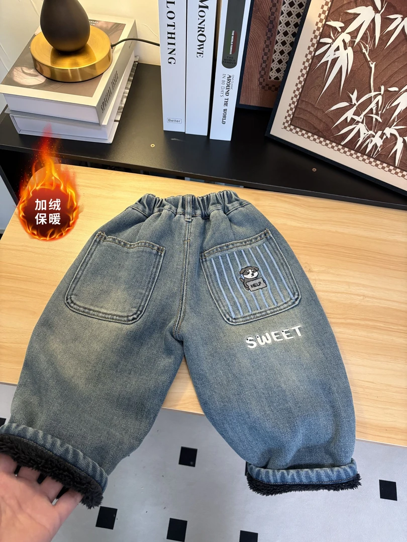 冬款儿童羊羔绒牛仔裤新款男女宝宝保暖弹力洋气裤子男童一条过冬