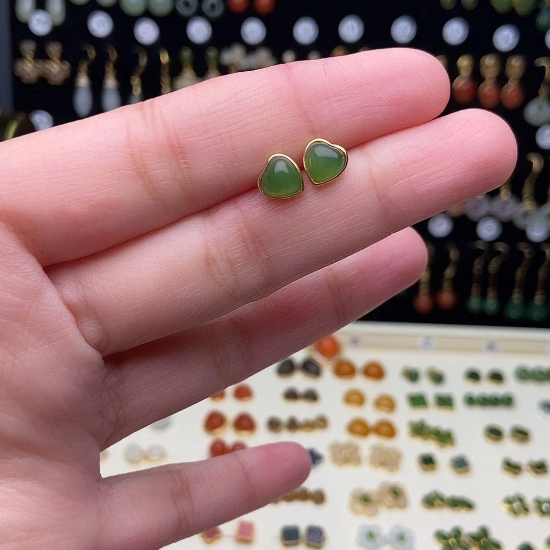 和田玉银S925镀金镶嵌耳饰