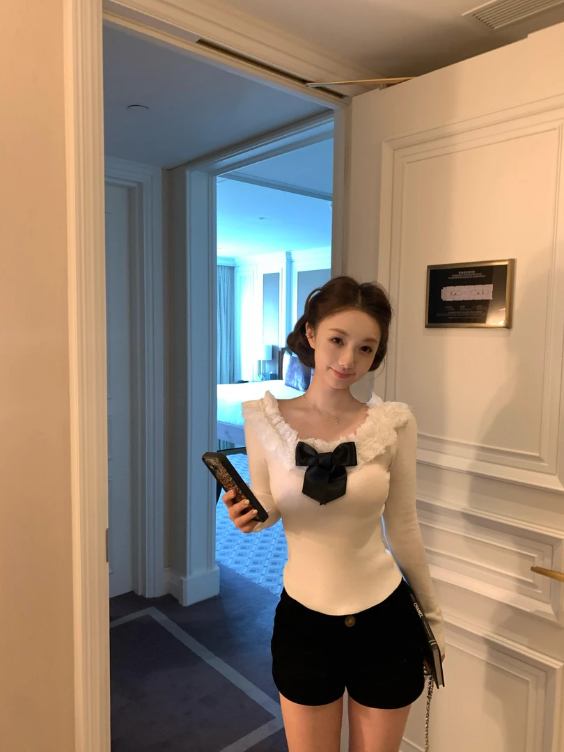 古董少女 蝴蝶结蕾针织蕾丝上衣百搭长袖打底衫高腰显瘦休闲短裤