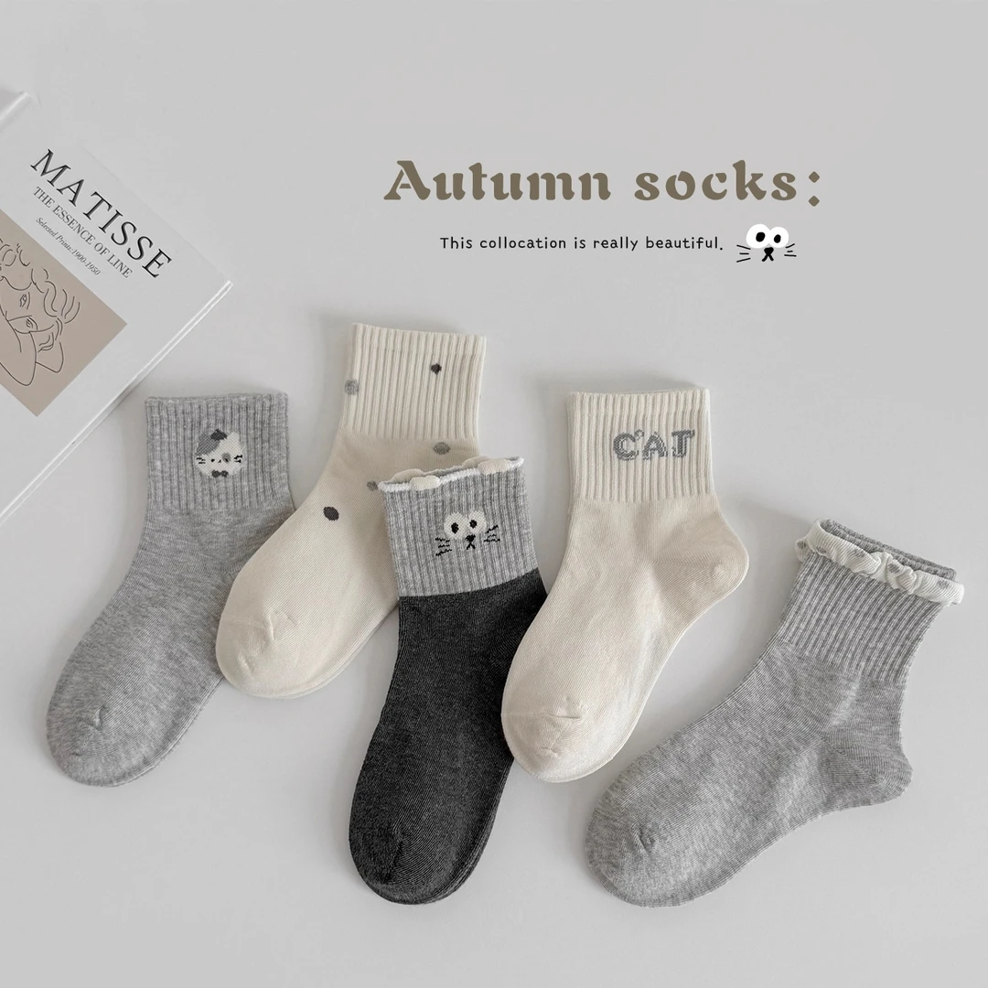 女童袜子春秋无骨中筒袜儿童韩版ins卡通小猫棉袜秋季