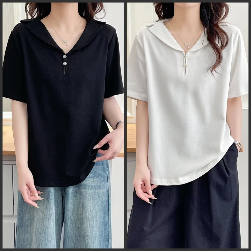 梦冬佳--110-200斤大码女装胖mm高品质百搭显瘦遮肚子翻领短袖T恤