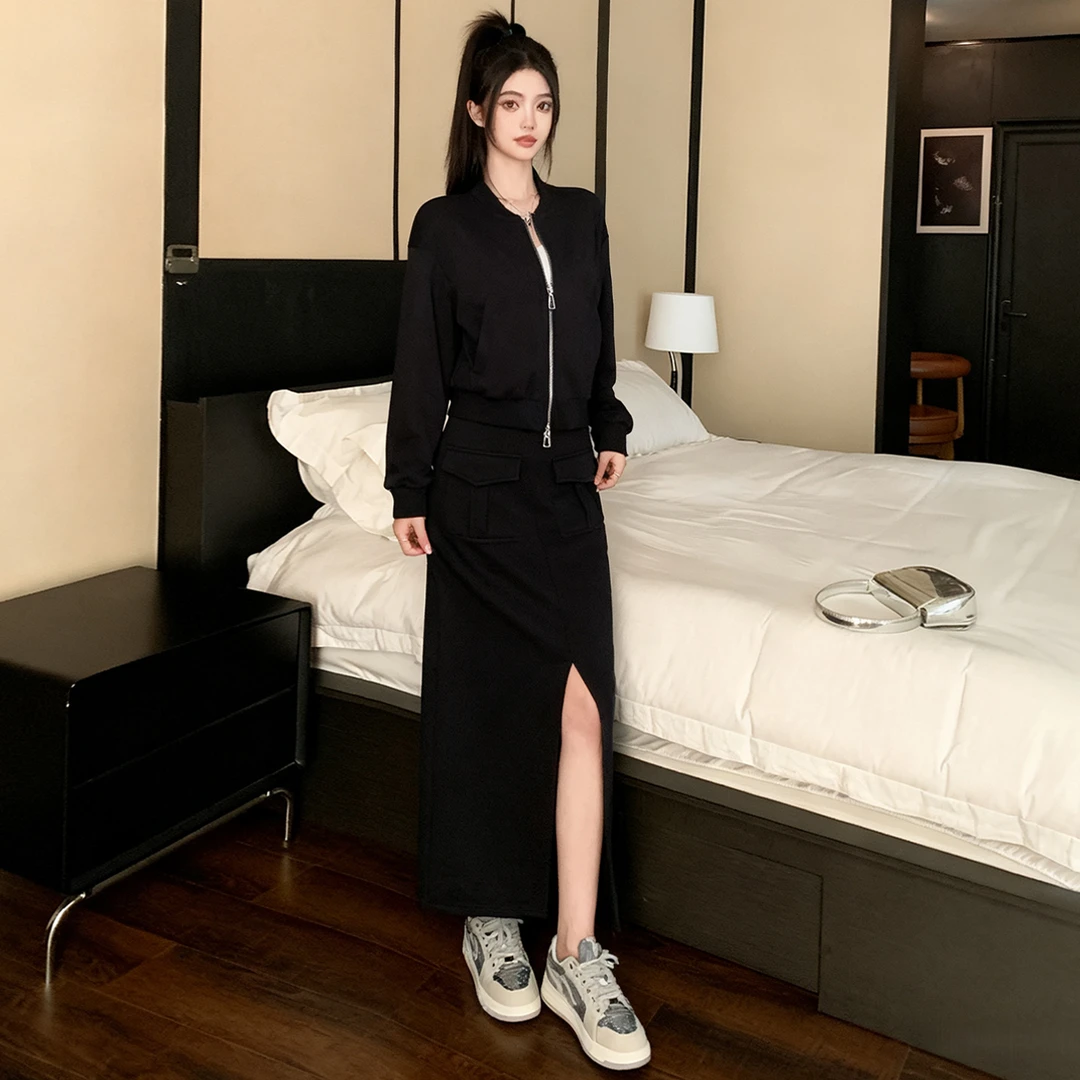 时尚气质休闲套装女秋季修身显瘦拉链开衫外套开叉半身裙两件套潮