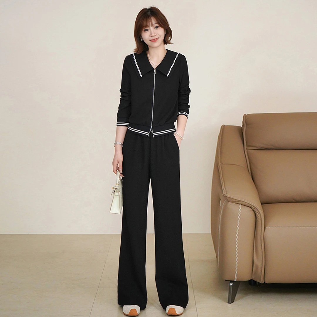 洋气减龄气质时尚套装女秋娃娃领双头拉链长袖上衣阔腿长裤两件套