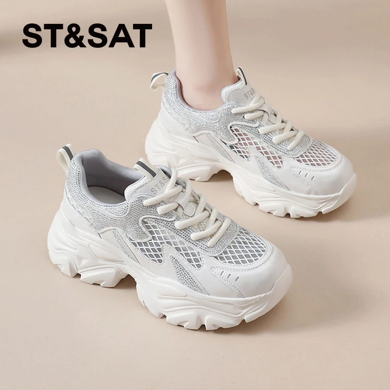 星期六透气老爹鞋女士2025新款增高复古运动鞋休闲百搭网面小白鞋